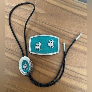 ALUMALINE Bolo Tie & Belt Buckle Matching Set Square Dancers Western Silver Tone